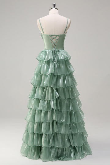 Dusty Sage A Ligne Spaghetti Bretelles Volanté Longue Demoiselle d’honneur Robe Fente